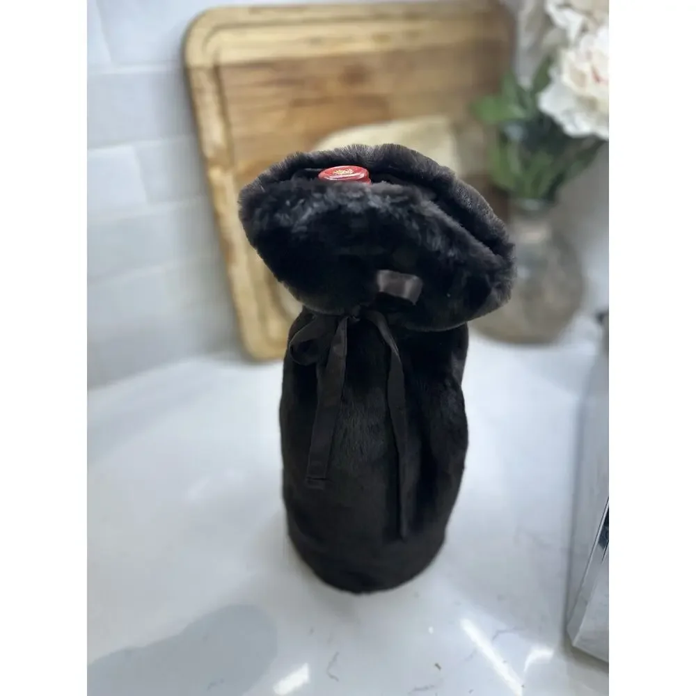 Faux Fur Wine Bottle Bag - VTG Pottery Barn - dark chocolate with silk tie